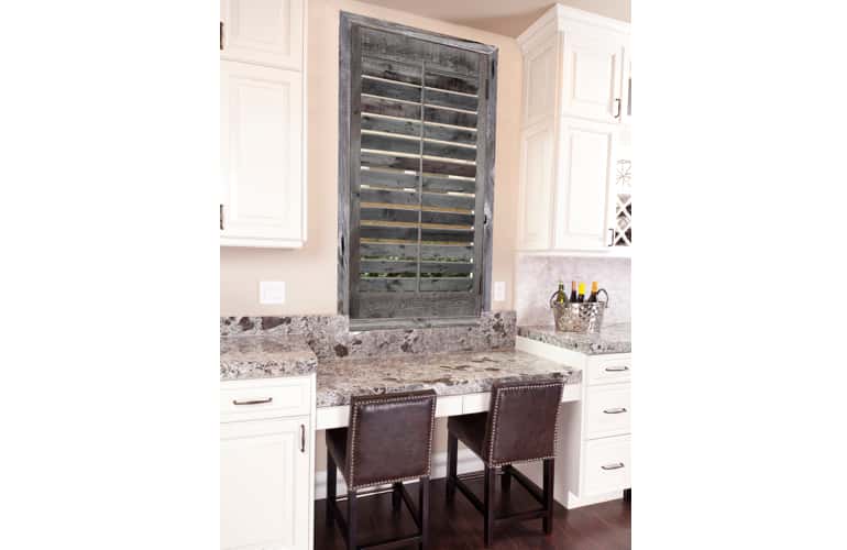 Reclaimed wood shutters on kitchen window in Chicago